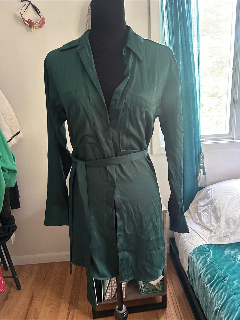 Abercrombie & Fitch Forest Green Long-Sleeve Belted Shirt Dress